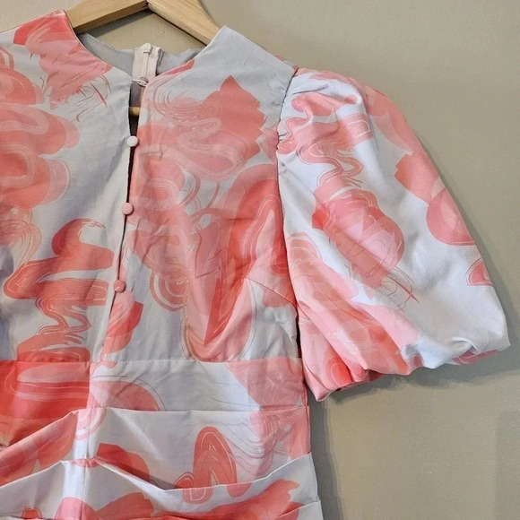 PrettyLittleThing Pink Swirl Print Pleated Waist Puff Sleeve Skater Mini Dress S - Picture 9 of 16